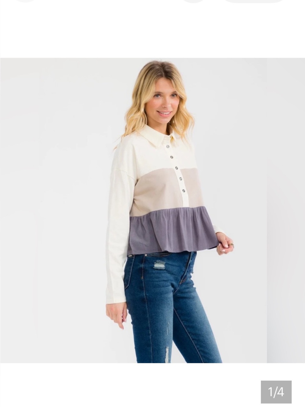 Colorblock Long Sleeve Button Tiered Cream Blouse